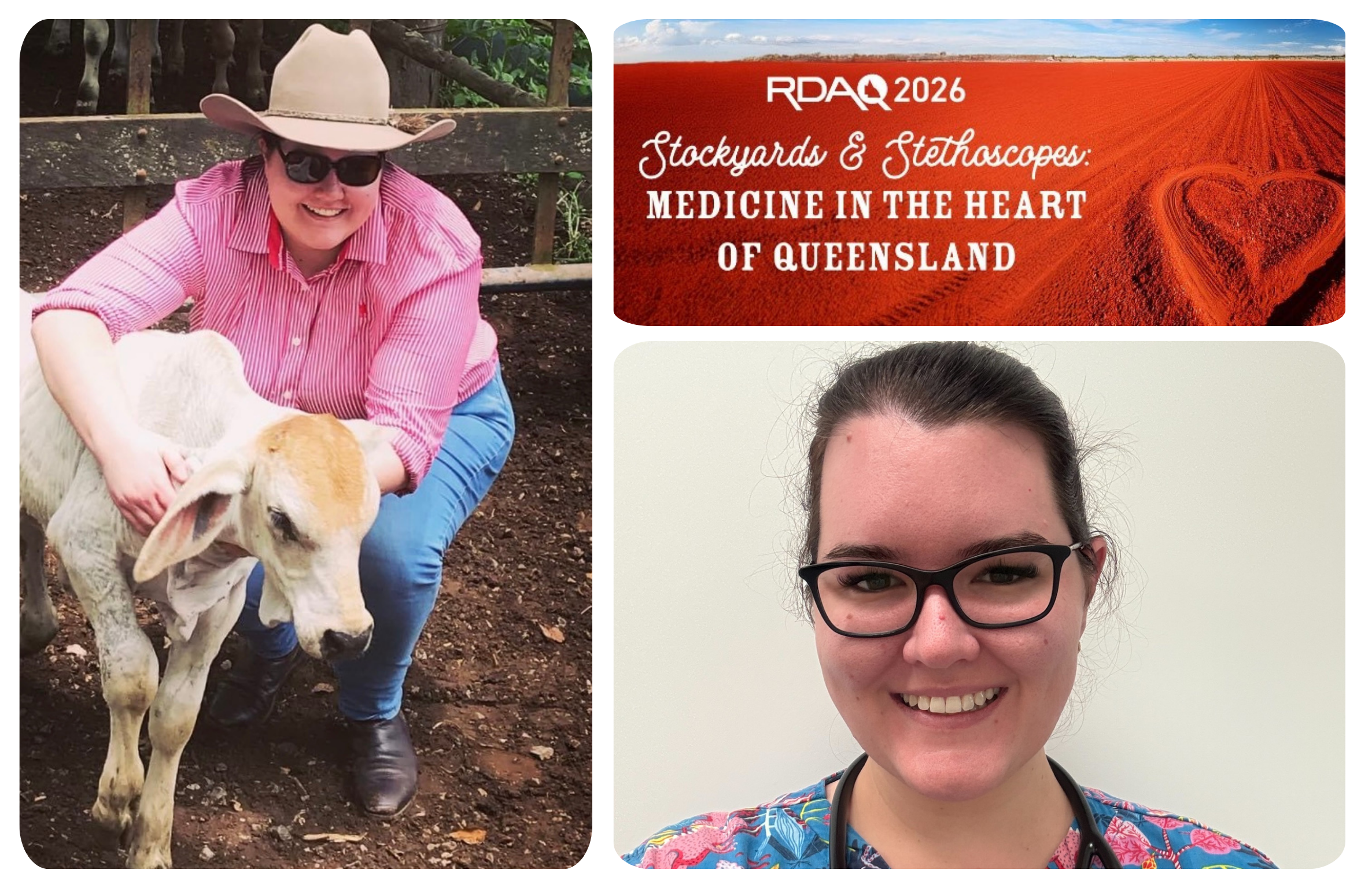 A side by side image of a senior medical officer pictured with a small calf and also in a hospital environment