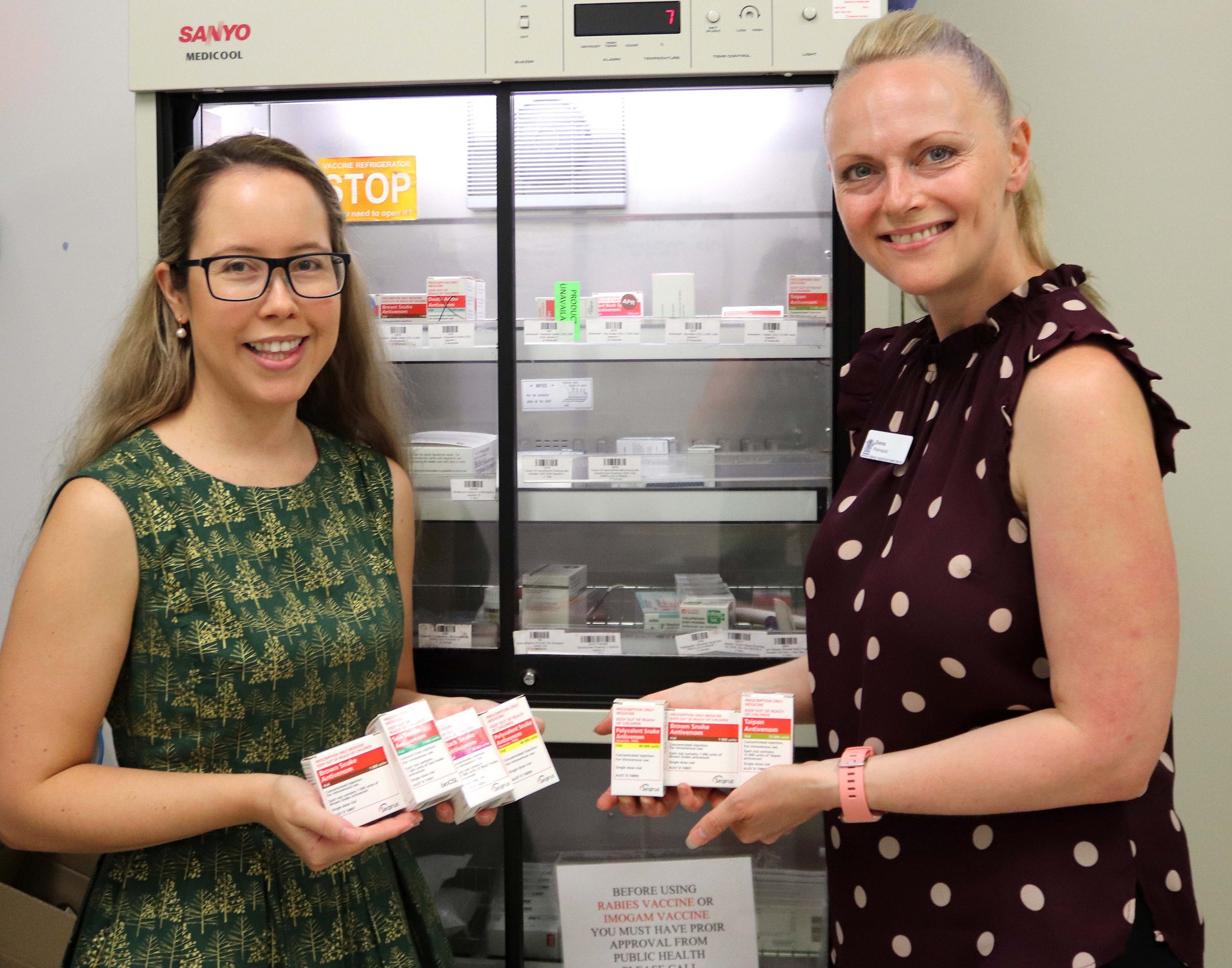 Mackay Base Hospital pharmacists Angela Wright and Donna Leslie with some of the hospital’s supply of antivenom.